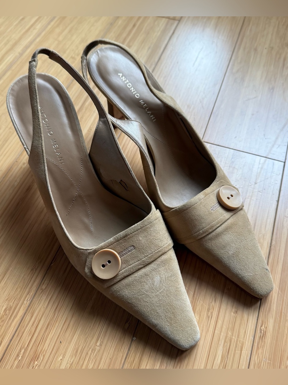 ANTONIO MELANI Tan Suede Pointed Slingback Mules with Button Accent